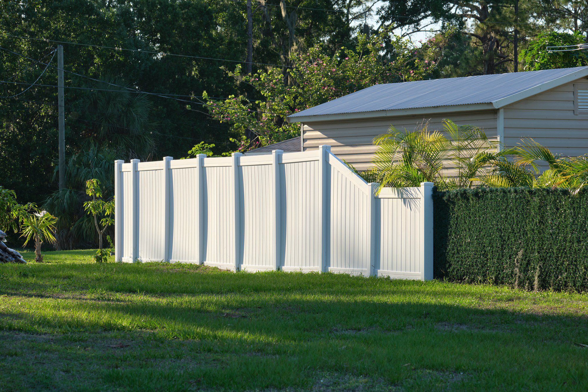 The image shows a neat, residential outdoor setting during daylight with clear skies. In the foreground, there's well-kept green grass. Dominating the middle ground is a white vinyl privacy fence with vertical panels and posts; the style of the fence suggests a modern design, providing seclusion and boundary delineation for the property it encompasses. Behind the fence, you can partially see a one-story house with a light-coloured exterior and a metal roof. The environment also includes various plants, such as a shrub with dense foliage on the right, a small palm in front of it, and other trees in the background. Overhead power lines are visible near the top of the image against a backdrop of trees. The overall impression is that of a serene, suburban landscape.